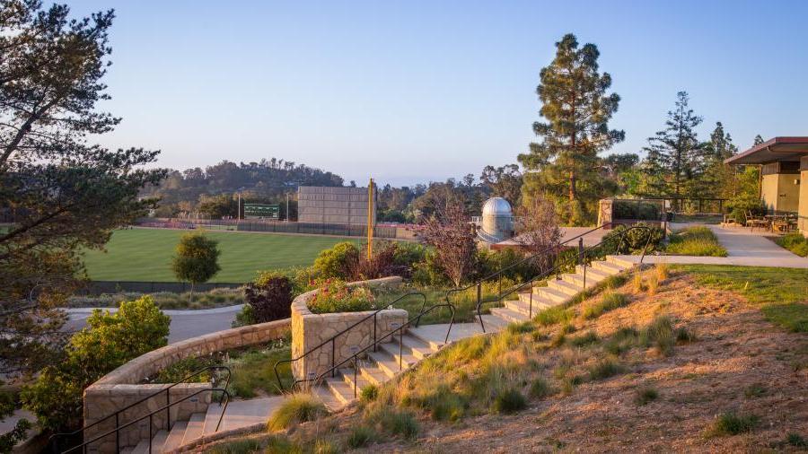 View of baseball field and observatory from behind Winter Hall